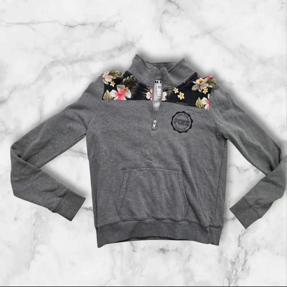 Victoria Secret Pink Quarter Zip Floral Gray Size Small